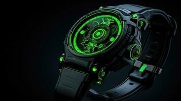 Modern and Futuristic Green light Luxury unique Watch with black script Ai Generated photo