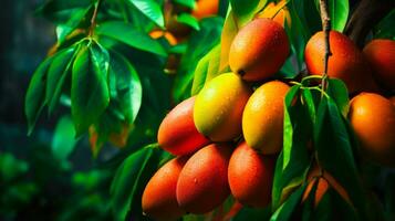 maduro mangos en el rama tropical sabor y deleite ai generado foto