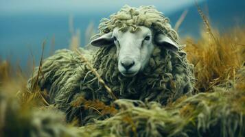 Scarf Wrapped Sheep Sheepish Elegance in the Grassy Field AI Generated photo