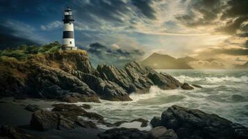 A lighthouse on a rocky coast AI Generated photo