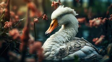 hermosa blanco Pato con amarillo pico rodeado por naturaleza ai generado foto