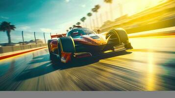 Thrill of Racing A Speedy Drive on a Palm Tree Lined Race Track AI Generated photo