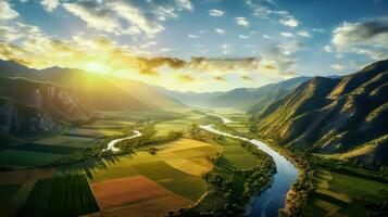 Stunning Vista of Valley and River Drone Photography and Landscape Beauty Detail AI Generated photo