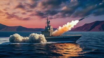 A Submarine Ship with a Firepower and Launching Design in Blue Ocean AI Generated photo