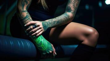 Strength of a Fitness Enthusiast Thigh Inked with Determination and Fitness Tattoo AI Generated photo