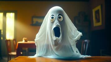 Friendly Ghost in a White Sheet Costume with Black Eyes and Mouth AI Generated photo