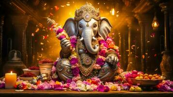 celebrando ganesh chaturthi con elefante Dios ídolo señor ganesh ai generado foto