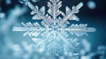 Crystalline Beauty and Frosty Macro Snowflake Closeup on Blue Backdrop AI Generated photo