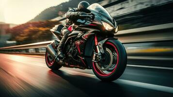 Red and black motorcycle on a countryside road with rider in helmet and leather jacket Ai Generated photo