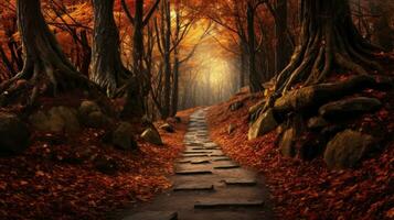 Autumnal Journey Scenic Hiking Route through the Woods with Fall Foliage and Mist AI Generated photo