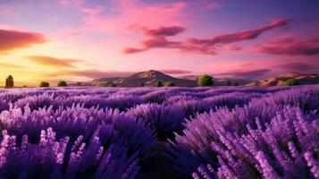 lavanda panorama un vistoso paisaje adornado con lavanda campos y un montaña ver ai generado foto