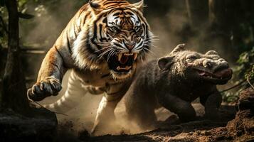 dramático fauna silvestre momento Tigre en búsqueda de presa animal en el bosque ai generado foto