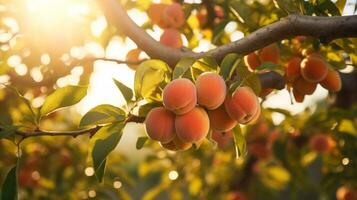 A Warm and Summery Image of Peaches on a Branch in the Sun AI Generated photo