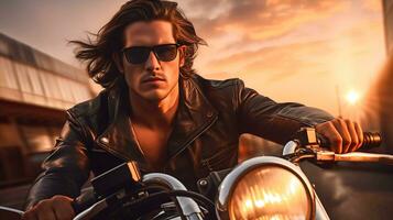 Adventure and Freedom Motorcyclist Riding in the Sunset with a Bridge in the Background AI Generated photo
