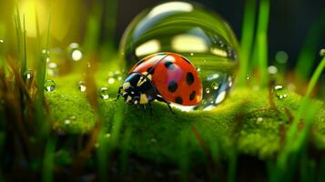 mariquita en un espada de césped con Rocío gotas y bokeh efecto ai generado foto