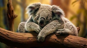 Sleepy Koala Rests on Eucalyptus Branch Australian Wildlife and Nature Encounter Concept AI Generated photo