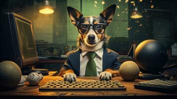 el oficina perro un gracioso y inteligente mascota con un ordenador portátil y lentes ai generado foto