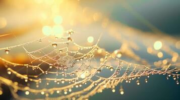 Spider Web with Dew Drops A Close Up Image of a Shimmering Bokeh Effect AI Generated photo