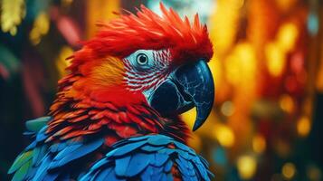 un vibrante Disparo de un rojo guacamayo loro en sus tropical habitat ai generado foto