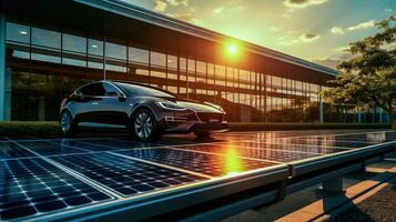 un lujo eléctrico coche cargando a un solar panel estación con un árbol y un Dom resplandor ai generado foto