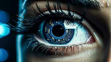 futurista ojo con un digital arco iris iris y holográfico luces ai generado foto