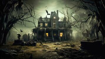 Halloween House with Gothic Style and Broken Windows A Haunted Manor and a Horror House AI Generated photo