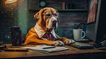 A funny and cute image of a dog wearing a business suit and glasses in a dimly lit office AI Generated photo