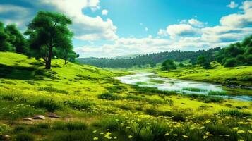 Landscape Tranquility Soothing River and Open Countryside AI Generated photo