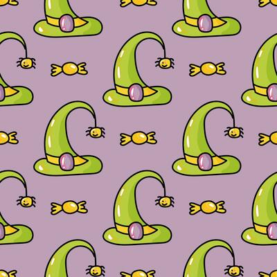 Hand drawn cute seamless pattern with cartoon Witch Hat and spider in doodle design