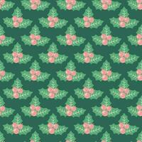 Vector seamless Christmas pattern with holly, berries and snowflakes, festive New Year winter backdrop