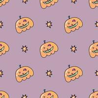 Seamless pattern with Halloween pumpkins. Jack orange lantern drawn with carved faces in doodle vector