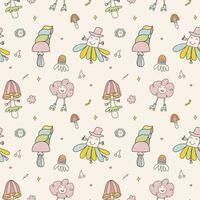 Vector retro hand drawn seamless pattern with groovy mushrooms, flowers, eyes doodle style