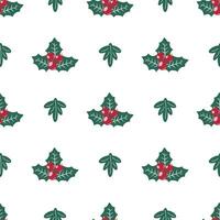 Vector seamless Christmas pattern with holly, berries and snowflakes, festive New Year winter backdrop