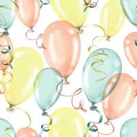 Festive, seamless pattern with balloons of yellow, blue and pink colors on a white background. Watercolor illustration from a large set of HAPPY BIRTHDAY. For decoration and background design. vector