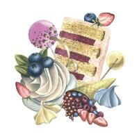 A pieces of cake with strawberries, blueberries, lollipop heart shaped pink, meringue and cream. Watercolor illustration hand drawn. Composition on white background. vector