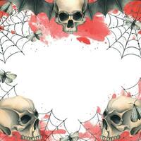 Human skull with black bat wings with a bloodstain, cobwebs and night moths for the holiday of Death Day and Halloween. Watercolor illustration, hand drawn. Template on a white background vector