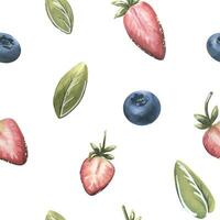 Strawberries, blueberries and leaves on a white background. Watercolor illustration. Seamless pattern from a large set of SWEETS. For fabric, kitchen textiles, wallpaper, wrapping paper, menus. vector