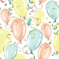 Festive, seamless pattern with balloons of yellow, blue and pink colors on a white background. Watercolor illustration from a large set of HAPPY BIRTHDAY. For decoration and background design vector