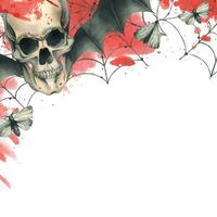 Human skull with black bat wings with a bloodstain, cobwebs and night moths for the holiday of Death Day and Halloween. Watercolor illustration, hand drawn. Template on a white background. vector