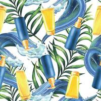 Sun and tanning creams blue and yellow with sea wave and tropical palm leaves. Watercolor illustration, hand drawn. Seamless pattern on a white background. vector