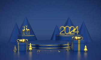 Happy New 2024 Year. 3D Golden metallic numbers 2024 on blue stage podium. Scene, round and cube platform with gift boxes, realistic golden deers, metallic pine spruce trees on blue background. Vector