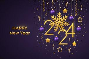 Happy New 2024 Year. Hanging Golden metallic numbers 2024 with shining snowflake and confetti on purple background. New Year greeting card or banner template. Holiday decoration. Vector illustration.