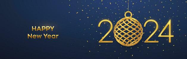 Happy New 2024 Year. Hanging Golden metallic numbers 2024 with shining 3D gold ball bauble and confetti on blue background. New Year greeting card, banner, header template. Vector illustration.