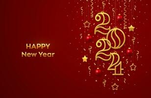 Happy New 2024 Year. Hanging Golden metallic numbers 2024 with shining 3D metallic stars, balls and confetti on red background. New Year greeting card, banner template. Realistic Vector illustration.