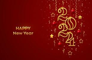 Happy New 2024 Year. Hanging Golden metallic numbers 2024 with shining 3D metallic stars, balls and confetti on red background. New Year greeting card, banner template. Realistic Vector illustration.