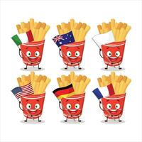 Cup of french fries cartoon character bring the flags of various countries vector