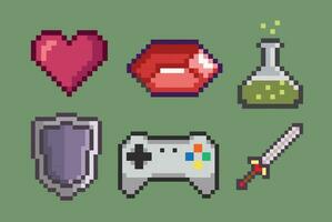 set of gaming stuff in pixel art vector