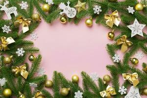 Christmas background with fir branches and Christmas decor. Top view, copy space for text photo