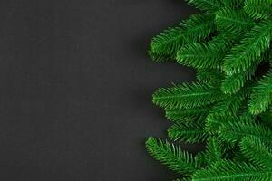 Top view of colorful festive background made of fir tree branch. Christmas holiday concept with copy space photo