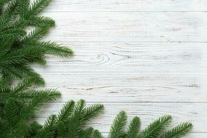 Christmas holiday background with copy space for advertising text. Fir branches on color background . Flat lay, top view photo